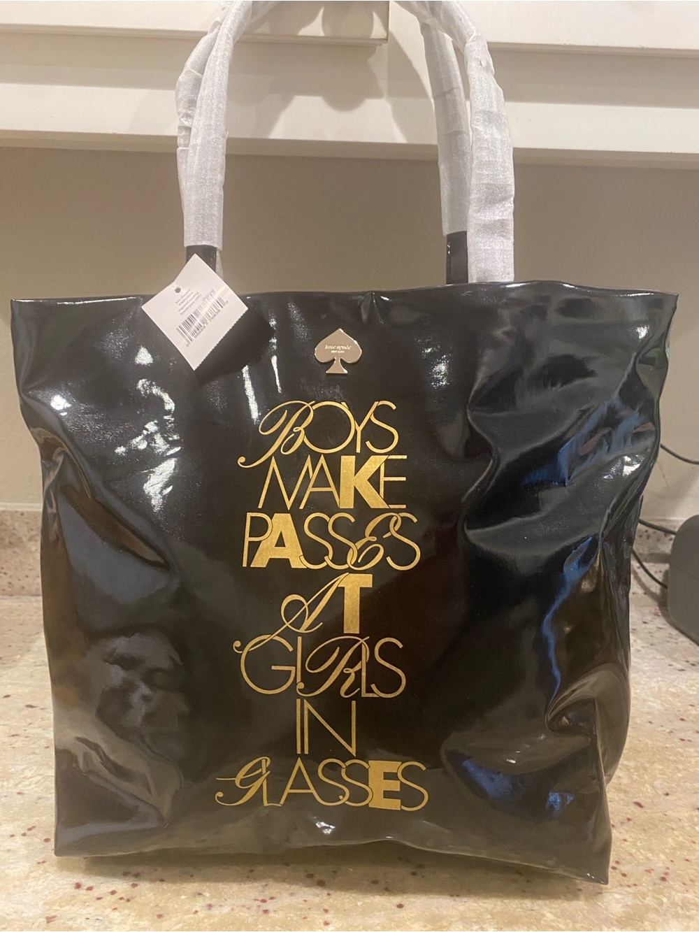 Kate Spade Black Patent Tote - Boys Make Passes at Girls in Glasses- NWT
